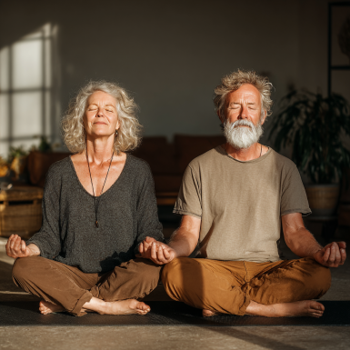 Група людей літнього віку практикує йогу на природі