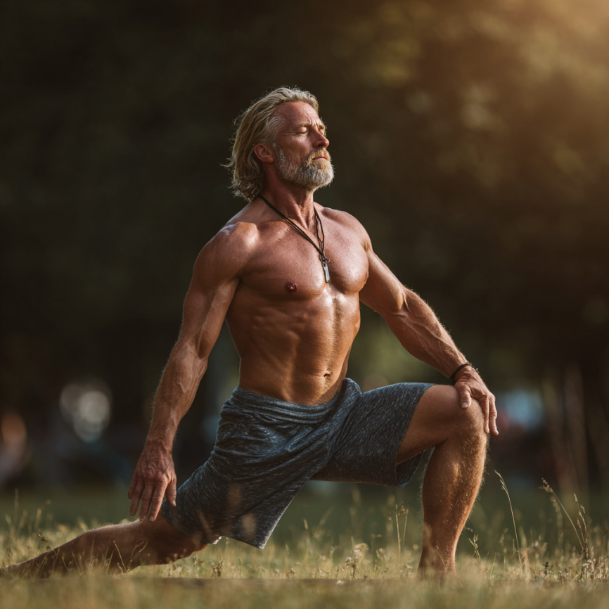 Група людей середнього віку виконує йогу в парку